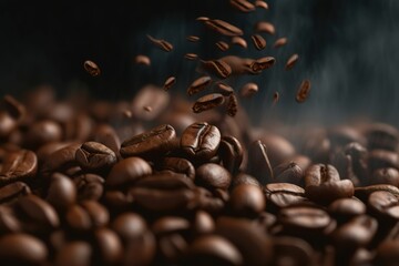 Coffee beans on the ground. Fresh roasted coffee beans flying in the air. generative ai
