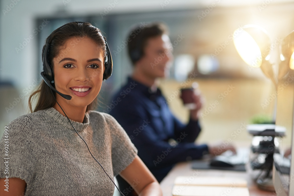 Sticker Call center, happy and portrait of woman at computer for customer service, help desk and consulting. Smile, night and ecommerce with employee in office for contact us, telemarketing and receptionist