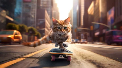Fotobehang A playful cat riding a skateboard down a vibrant city street © John