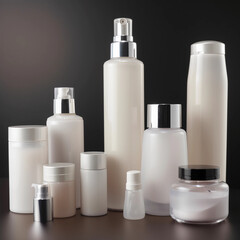Blank and Ready for Customization: Beautiful Group of Skin Care and Beauty Product Bottles, Created by Generative AI