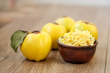 Harvesting for the winter from quince and apples for pies.