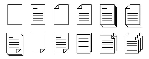 Paper document linear icons collection. Set of black document icons