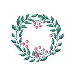 Round frame from teal branches and pink berries, hand drawn marker illustration isolated on white. For postcards, stickers, magnets, invitations, wedding and birthday decorations, scrapbooking