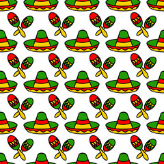Sombrero hats and Maracas doodle illustration seamless pattern. Vector hand drawn background of Mexican fiesta party and Cinco de Mayo holiday.