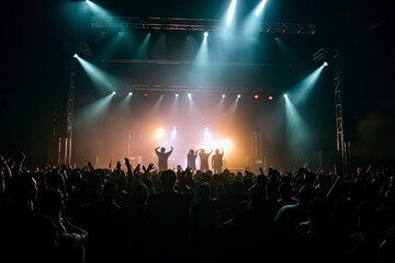 Colorful concert crowd in front of a lit stage inside a concert venue, during a music festival