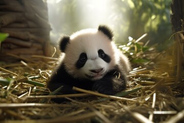 Fototapeta premium Curious baby panda playing with bamboo shoot