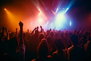Colorful concert crowd in front of a lit stage inside a concert venue, during a music festival