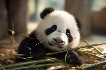 Curious baby panda playing with bamboo shoot
