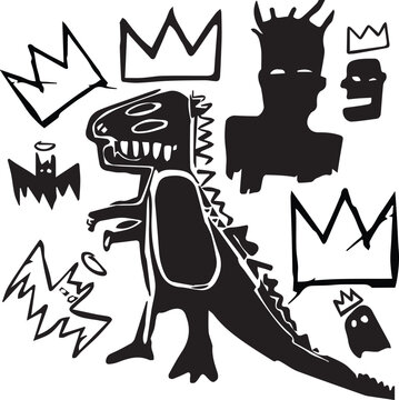 Crown and dinosaur set illustration inspired by jean-Michel Basquiat Pez Dispenser art works. Street art hand drawn crown and portrait. Street art symbol.