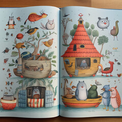Back cover of a book for children, cute design with illustrated animals. AI generative