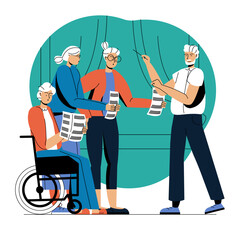 Illustration of older people gather and read newspapers in street outdoors