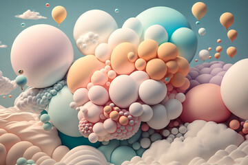 clouds from pastel balloons. Abstract background with 3d spheres. Colored bubbles. Generative ai