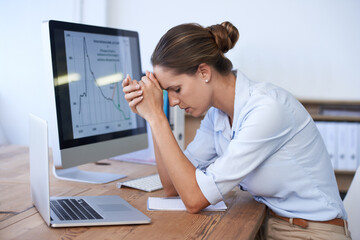 Frustrated woman, computer and stress for office data, stock market crash and financial crisis...