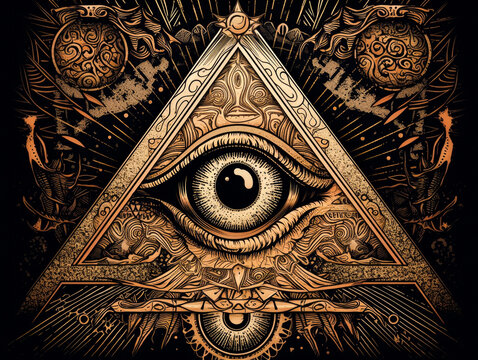 All seeing eye , illuminati symbol in triangle with light ray, tattoo design isolated on black background Generative AI