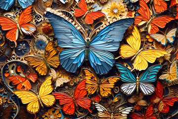 Fantasy background image of textured colorful butterflies. Created with Generative AI technology.