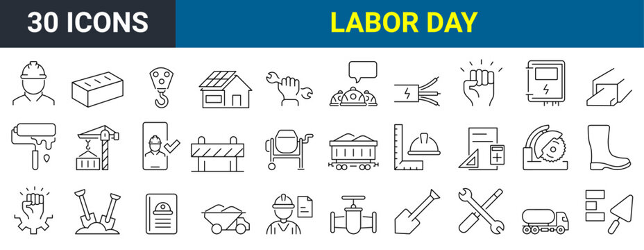 Set of 30 line icons related to labor day, construction, renovation. Outline icon collection. Vector illustration. Editable stroke.