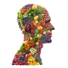 Human head shape illustrated by fruits and vegetables on a white background