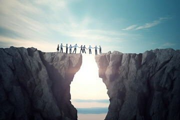 Concept of teamwork with two groups of men, separated by a chasm trying to come together - obrazy, fototapety, plakaty