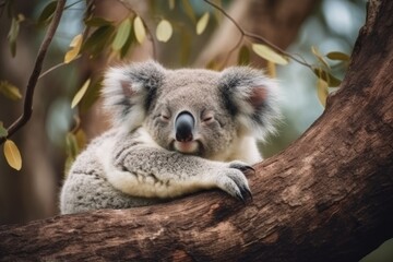 Obraz premium Cute koala napping in a tree with its arms spread wide
