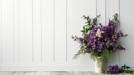 Green and purple bouquet of flowers is in front of a white wooden wall with copy space, generative ai beautiful art