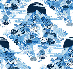Seamless pattern vector Illustration capturing the poetic beauty of mountain landscapes in Korea	