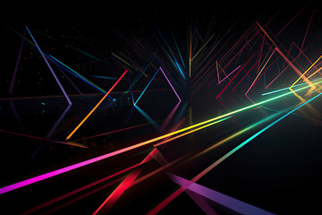 Dark abstract space with colorful geometric strips of light.