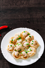 Meat dumplings - russian pelmeni, ravioli with meat on plate on a wooden background