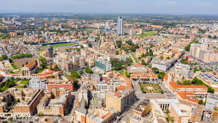 Obraz premium Aerial view of Piazza del Popolo and historical center of Latina, Italy. In background is Domenico Francioni stadium, a football facility.