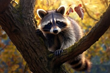 Chubby raccoon lounging on a tree branch - obrazy, fototapety, plakaty