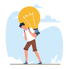 Guy carries heavy light bulb idea as symbol of burden of creative solutions. Art director, business geniuses success, hard working process. Cartoon flat style isolated vector concept