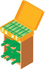 Wine business icon isometric vector. Open suitcase with dollar bill on wine rack. Winemaking, business, hobby