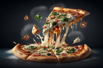 delicious medium pizza with details of ingredients flying, created using generative artificial intelligence.