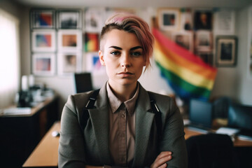 Powerful portrait of office worker, woman, LGBTQ acceptance, generative AI