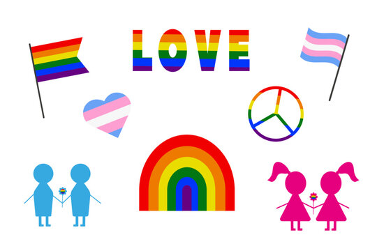 A set of icons for the International Day of LGBT Pride. International Day Against Homophobia Transphobia. Illustrations for LGBT pride month. Rainbow flags, hearts, Homosexual love. Vector.