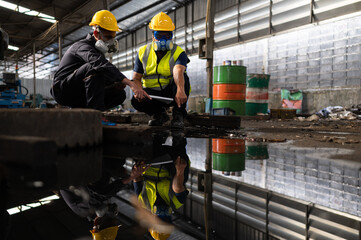 Scientists and government officials Inspect and collect chemical leak samples in industrial sites....