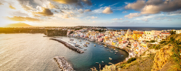 beautiful italian island procida famous for its colorful marina, tiny narrow streets and many...