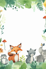 Naklejka premium White background with simple leaves in corner with cute forest animals watercolor style. AI generative