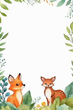 White background with simple leaves in corner with cute forest animals watercolor style. AI generative © SANGHYUN