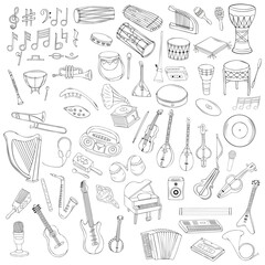 Fototapeta premium A Big set of hand drawn musical instruments on a white background. Vector illustration.