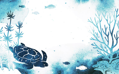 Vector template with fish, turtle and seaweed on white background. Watercolor illustration with underwater nature and marine wildlife. Useful for flyer, list, ad, cover, banner, invitation
