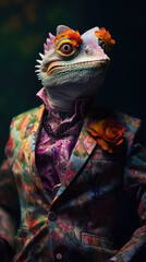 Chameleon dressed in an elegant and a modern floral suit. Fashion portrait of an anthropomorphic animal, shooted in a charismatic human attitude - Generative AI