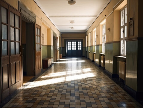 High School Hallway Corridor In College Or University Empty Hall At Classroom, No People Student While Closed Quarantine In Situation Of Generative AI