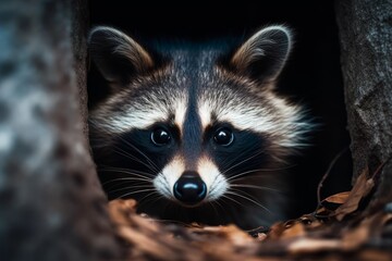 Curious raccoon peering into the camera