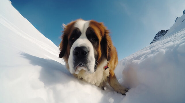 Portrait of a Saint Bernard dog looking for something in the snow. Generative AI