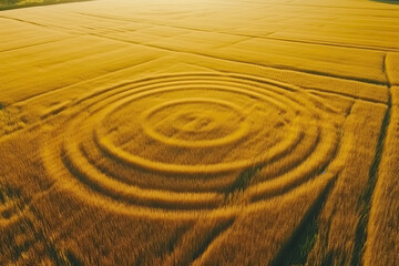 Naklejka premium Fake UFO circles on grain crop yellow field, aerial view from drone