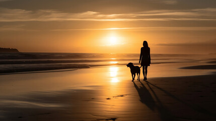 Fototapeta na wymiar A silhouette of a dog and its owner walking on the beach at sunset. Generative AI