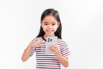 Little girl play phone mobile. Isolated on white background