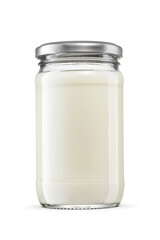 Mayonnaise sauce or dressing in glass jar isolated. Twist off metal screw lid. Transparent PNG image.