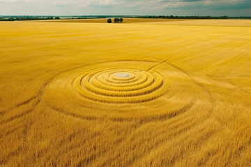 Fake UFO circles on grain crop yellow field, aerial view from drone