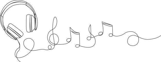 continuous single line drawing of stereo headphones and sheet music musical notes, listening to music concept line art vector illustration